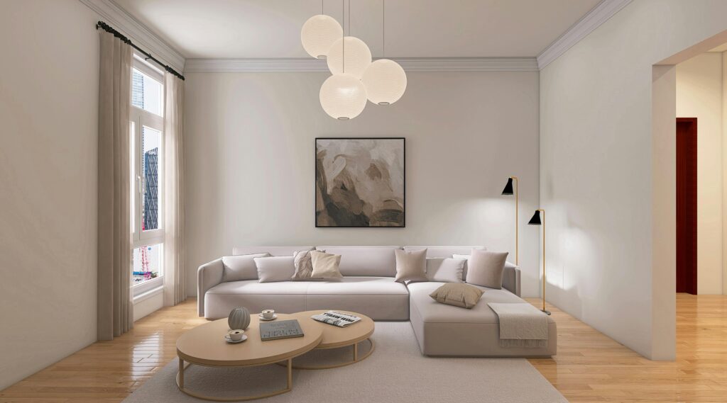 Elegant minimalist living room with neutral colors and modern decor.